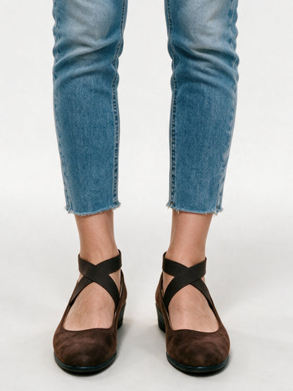 Magali - Women's Cross Strap Wedge Ballet Flats - Brown
