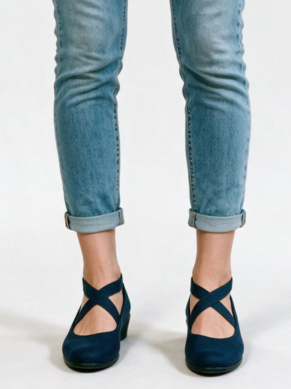 Magali - Women's Cross Strap Wedge Ballet Flats - Navy