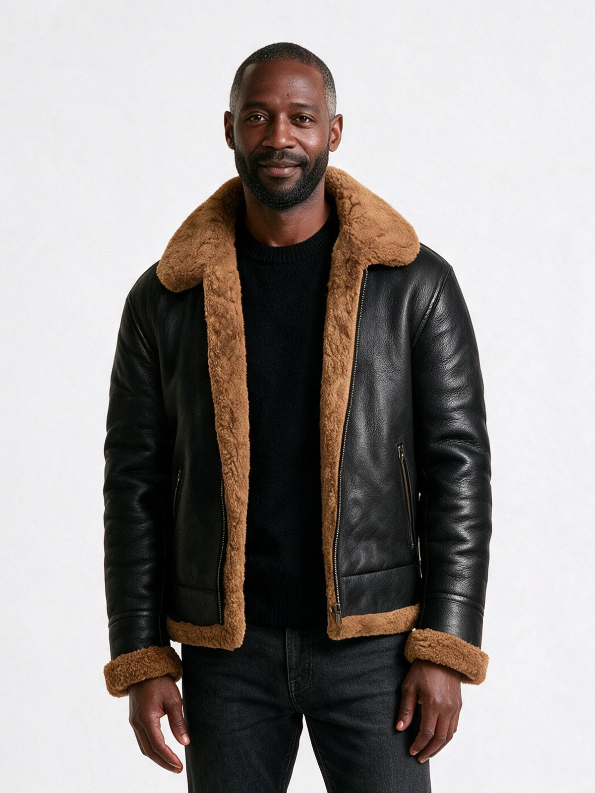 Magnus - Men's Aviator Jacket with Fluffy Collar - Black with Tan Lining