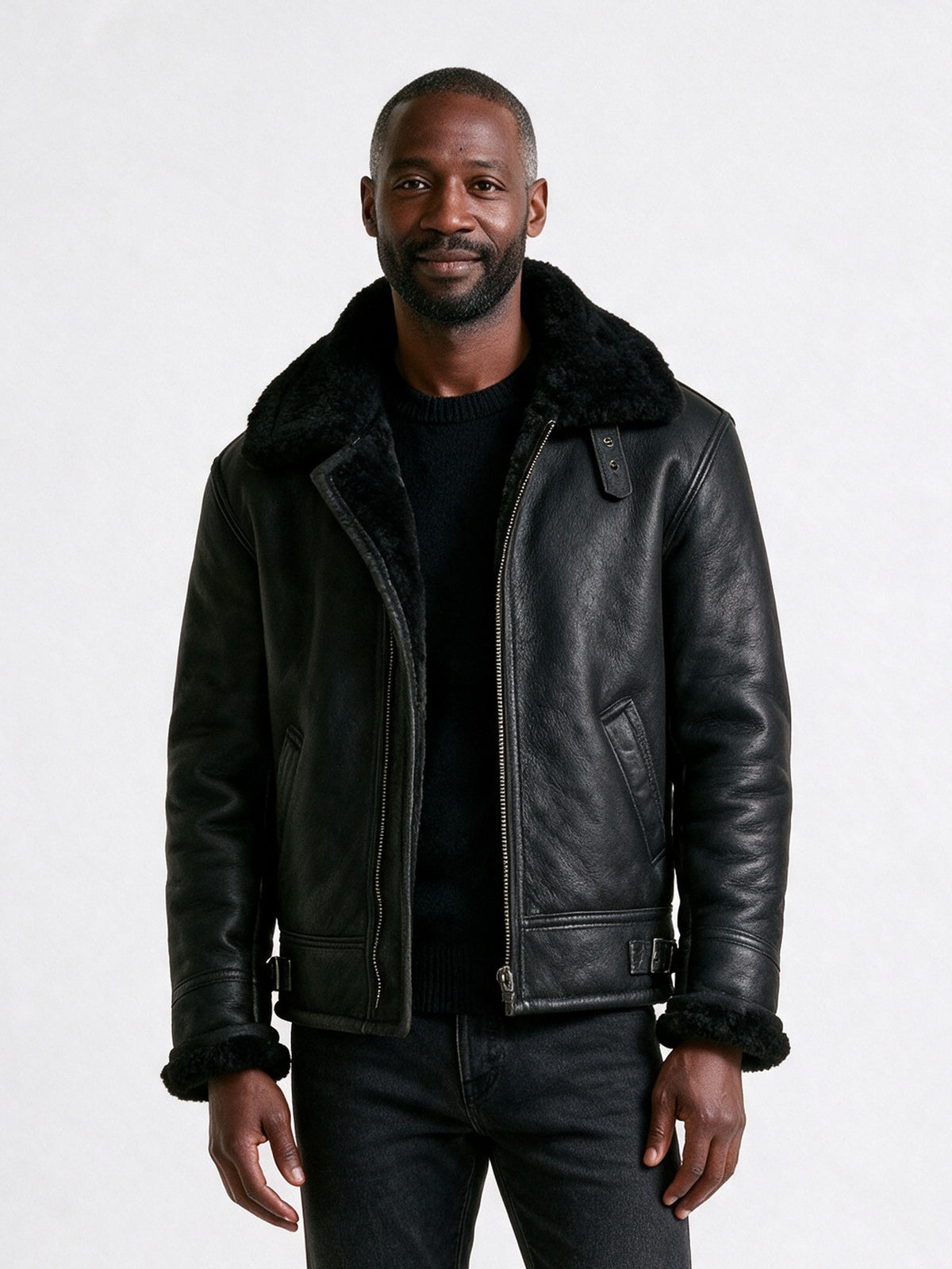 Magnus - Men's Aviator Jacket with Fluffy Collar - Black