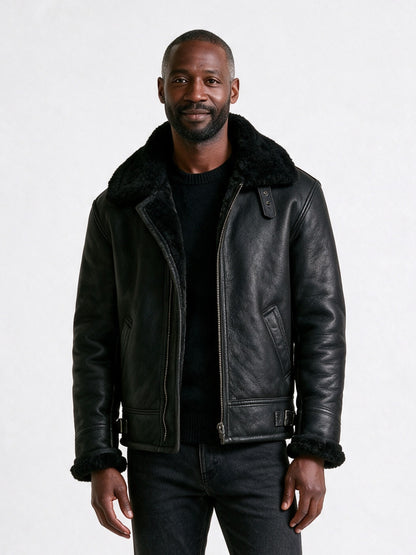Magnus - Men's Aviator Jacket with Fluffy Collar - Black