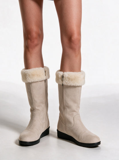 Maisie - Women's Fluffy Cuff Mid Calf Side Zip Boots - Beige
