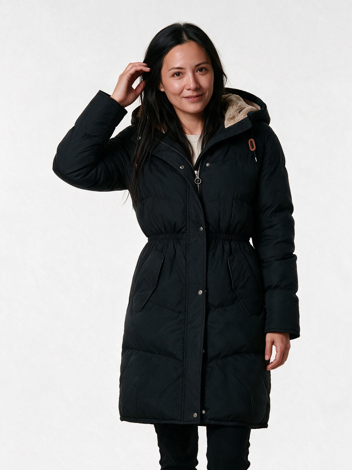 Maraisa - Women's Lined Hooded Quilted Coat with Drawcord Waist - Black