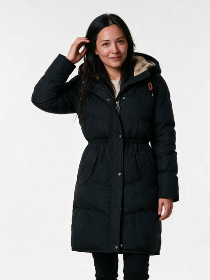 Maraisa - Women's Lined Hooded Quilted Coat with Drawcord Waist - Black