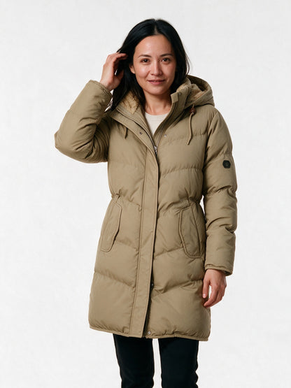 Maraisa - Women's Lined Hooded Quilted Coat with Drawcord Waist - Camel