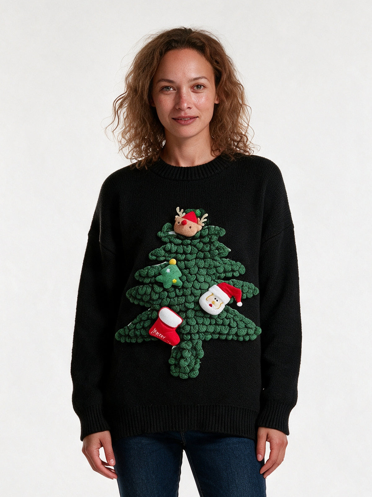 Maja - Women's Oversized Sweater with 3D Evergreen Applique - Black