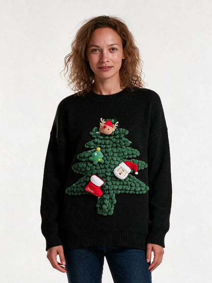 Maja - Women's Oversized Sweater with 3D Evergreen Applique - Black