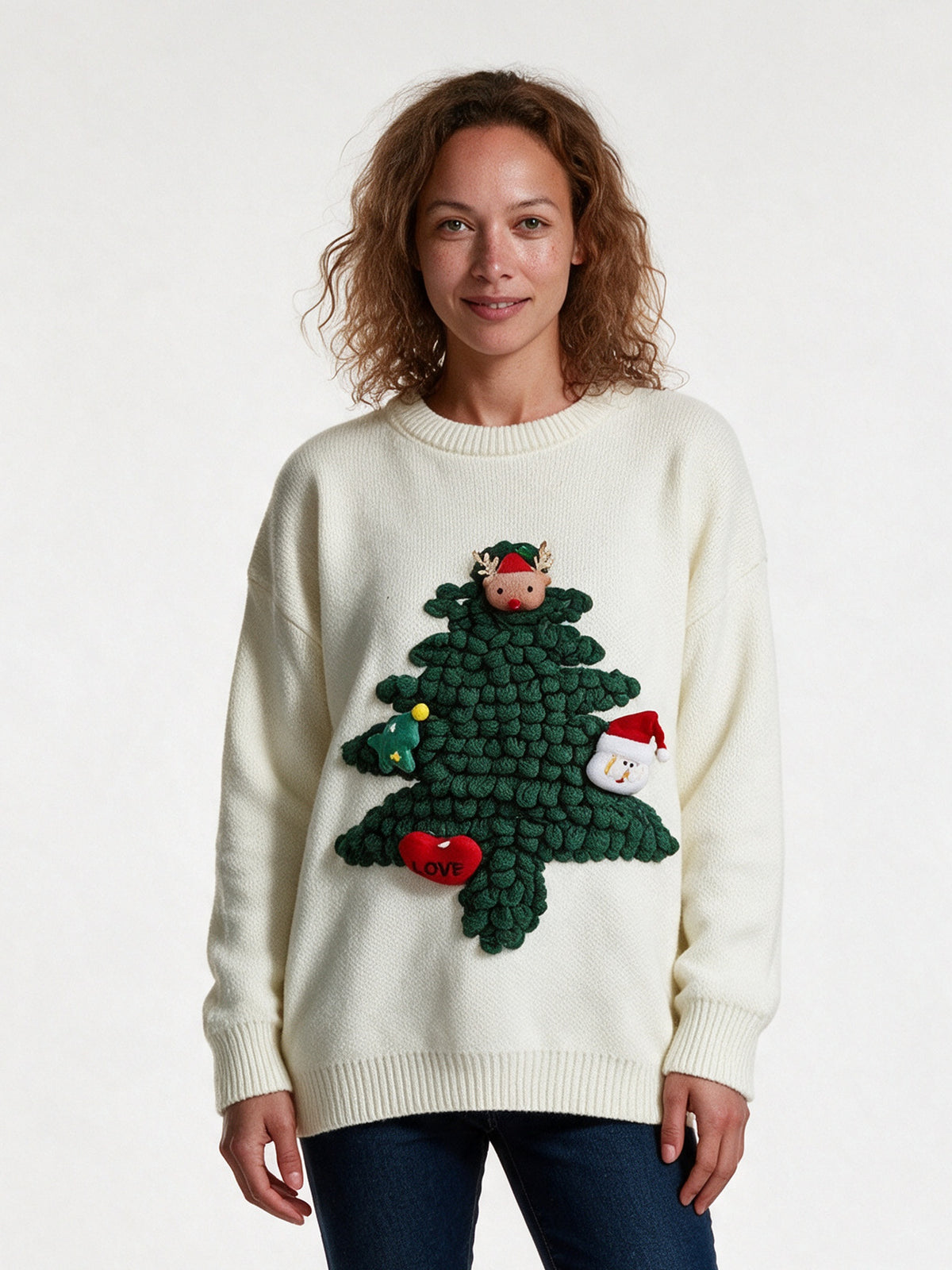 Maja - Women's Oversized Sweater with 3D Evergreen Applique - Ivory