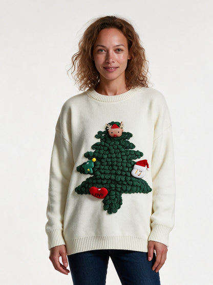 Maja - Women's Oversized Sweater with 3D Evergreen Applique - Ivory