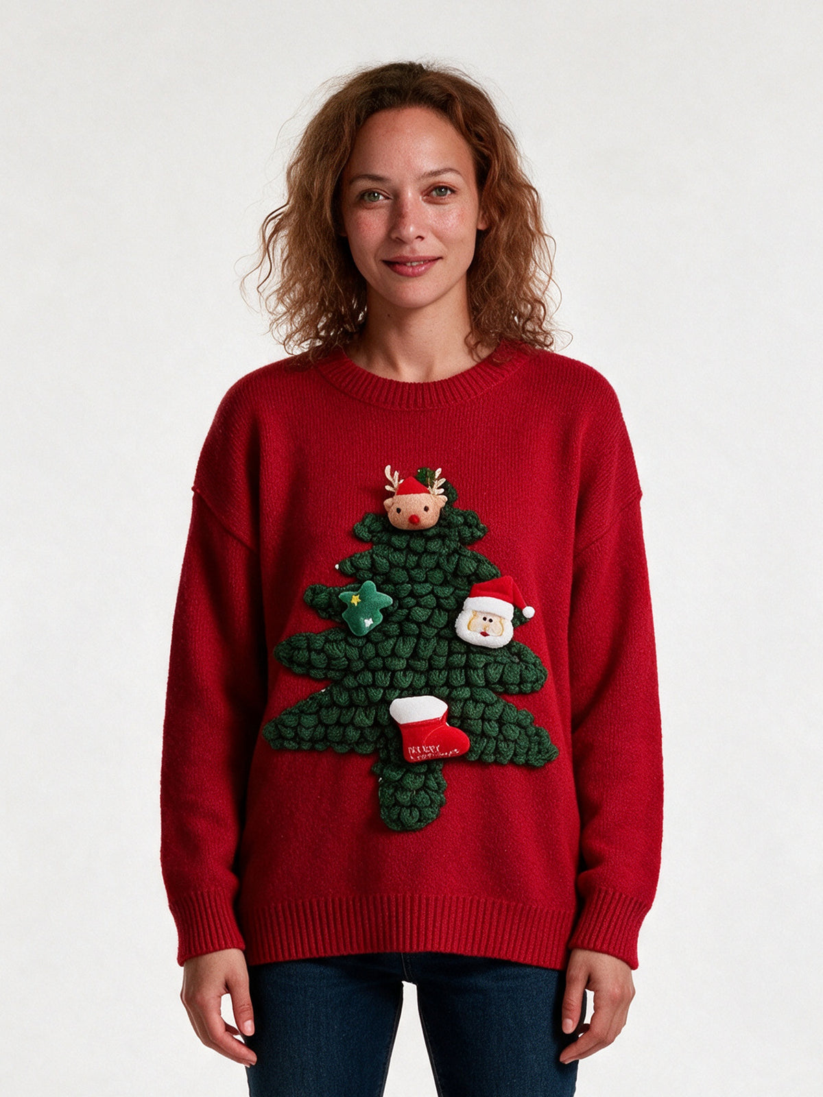 Maja - Women's Oversized Sweater with 3D Evergreen Applique - view 1
