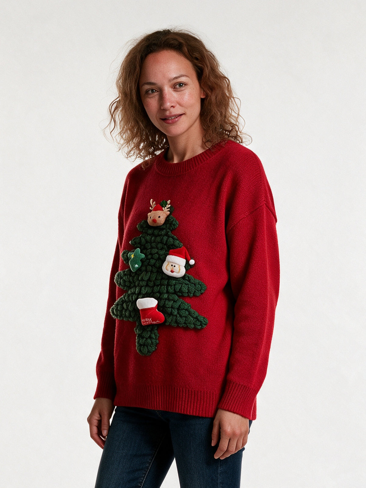 Maja - Women's Oversized Sweater with 3D Evergreen Applique - view 2