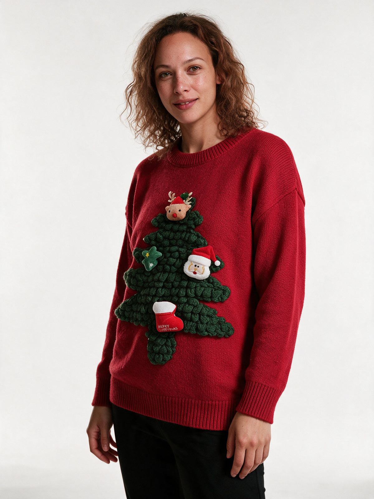 Maja - Women's Oversized Sweater with 3D Evergreen Applique - view 3