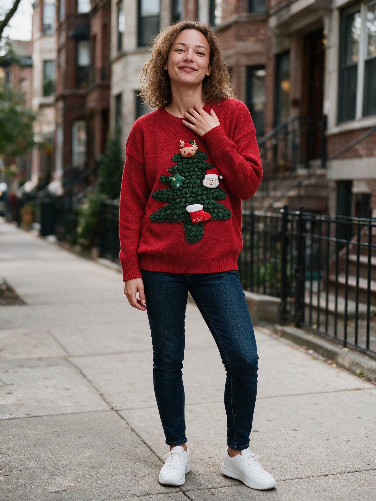 Maja - Women's Oversized Sweater with 3D Evergreen Applique - view 4