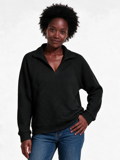 Maren - Women's Ribbed Half Zip Pullover - Black