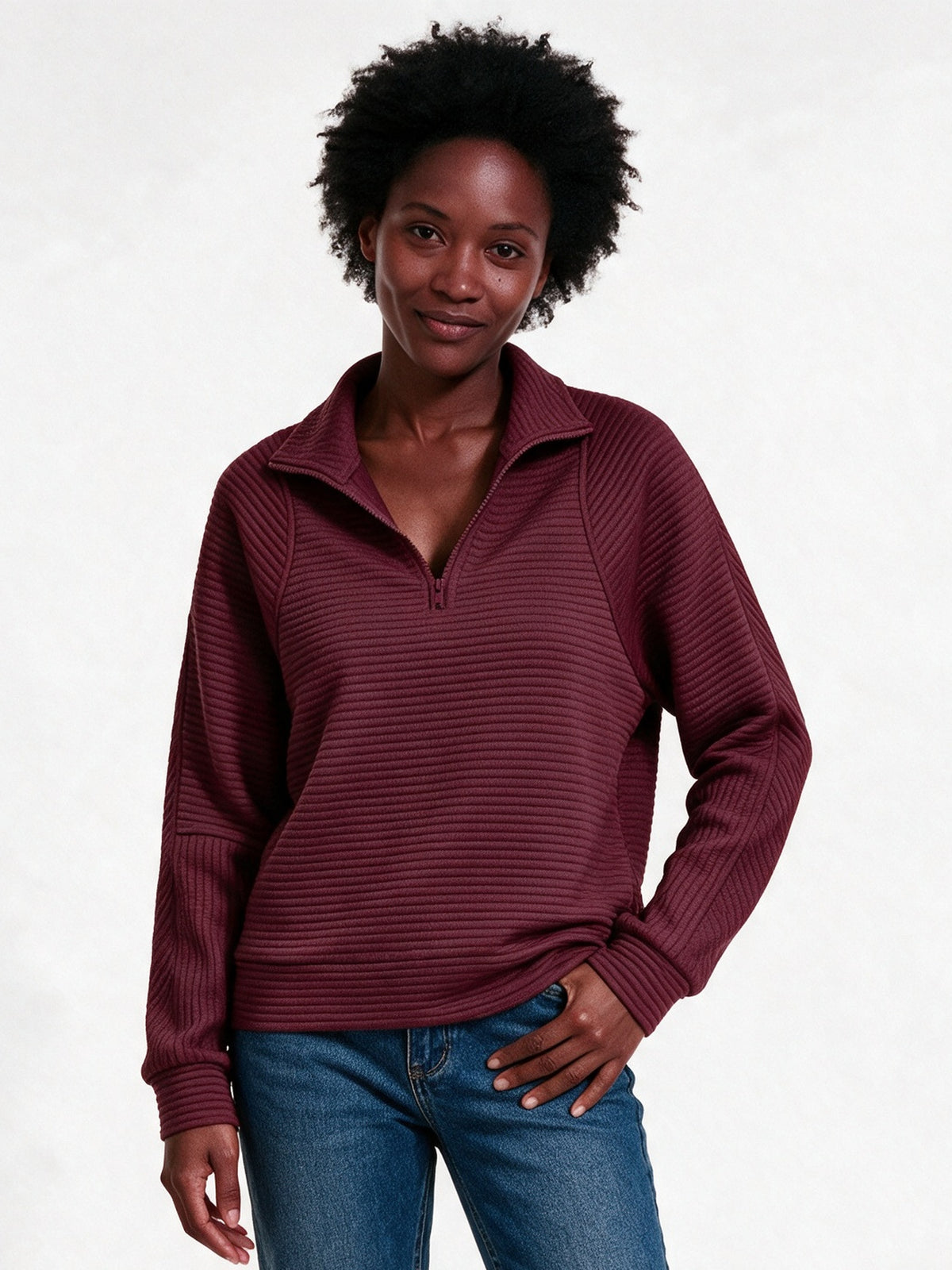 Maren - Women's Ribbed Half Zip Pullover - Burgundy