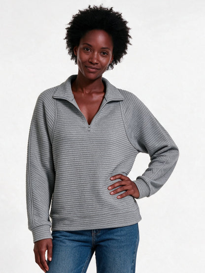 Maren - Women's Ribbed Half Zip Pullover - Gray