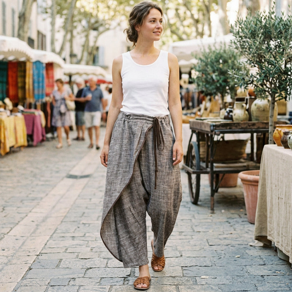 Marguerite - Oversized Khaki Linen Travel Pants