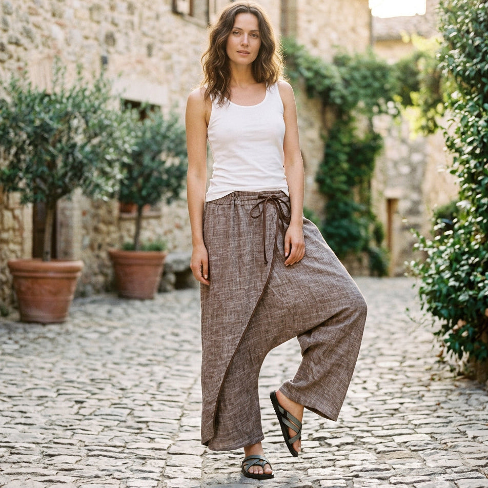 Marguerite - Oversized Khaki Linen Travel Pants
