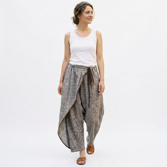 Oversized khaki linen wrap pants front view