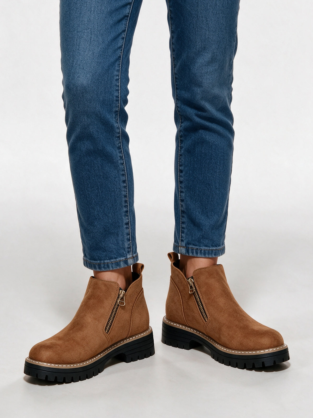 Marit - Women's Lug Sole Side Zip Ankle Boots - Camel