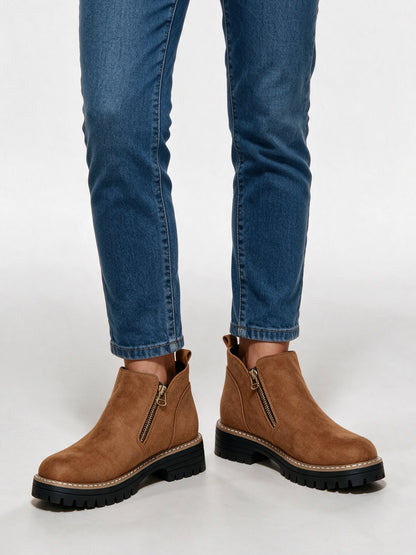 Marit - Women's Lug Sole Side Zip Ankle Boots - Camel