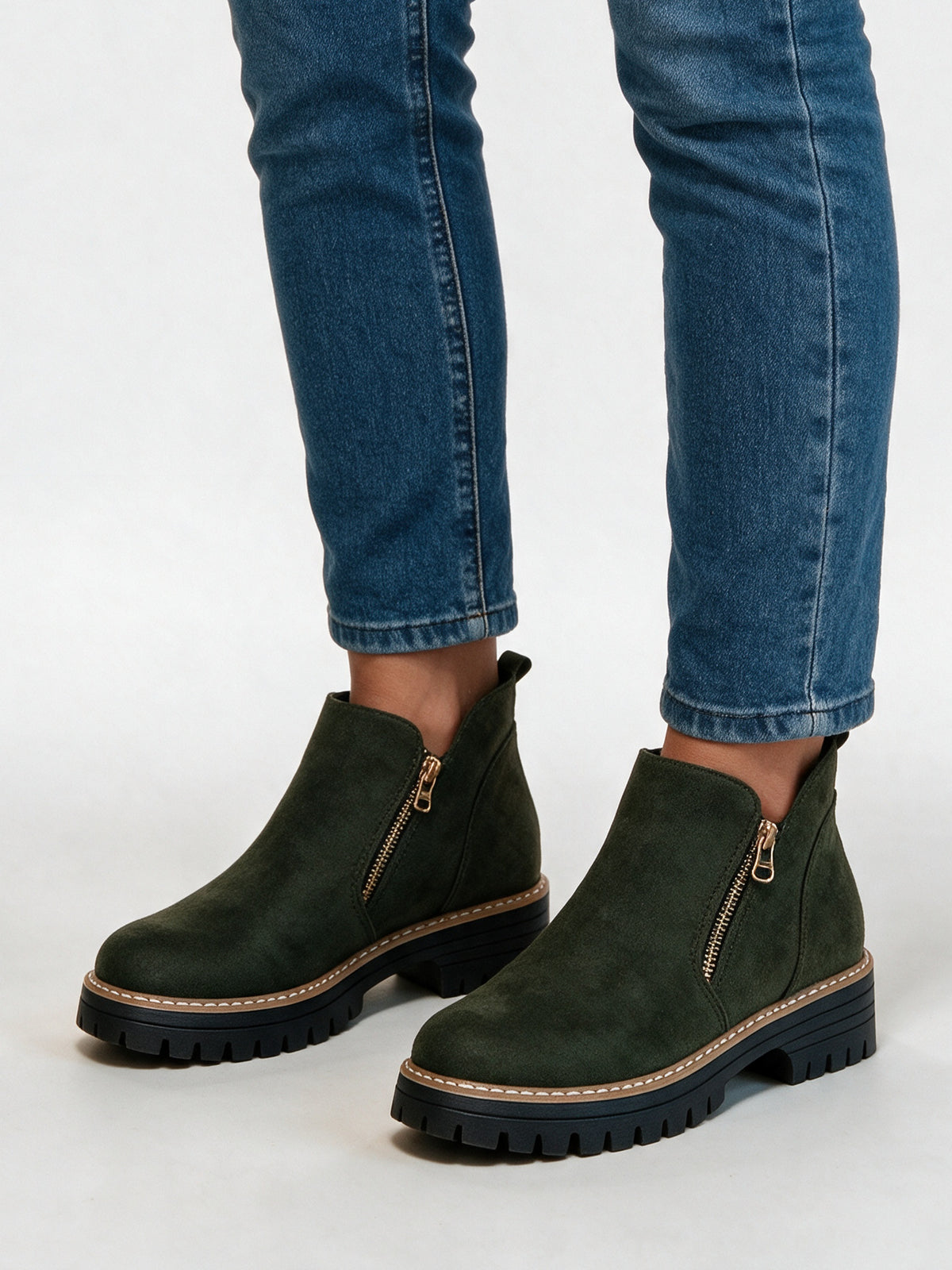 Marit - Women's Lug Sole Side Zip Ankle Boots - Forest Green