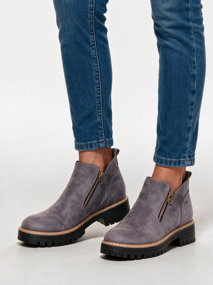 Marit - Women's Lug Sole Side Zip Ankle Boots - Gray