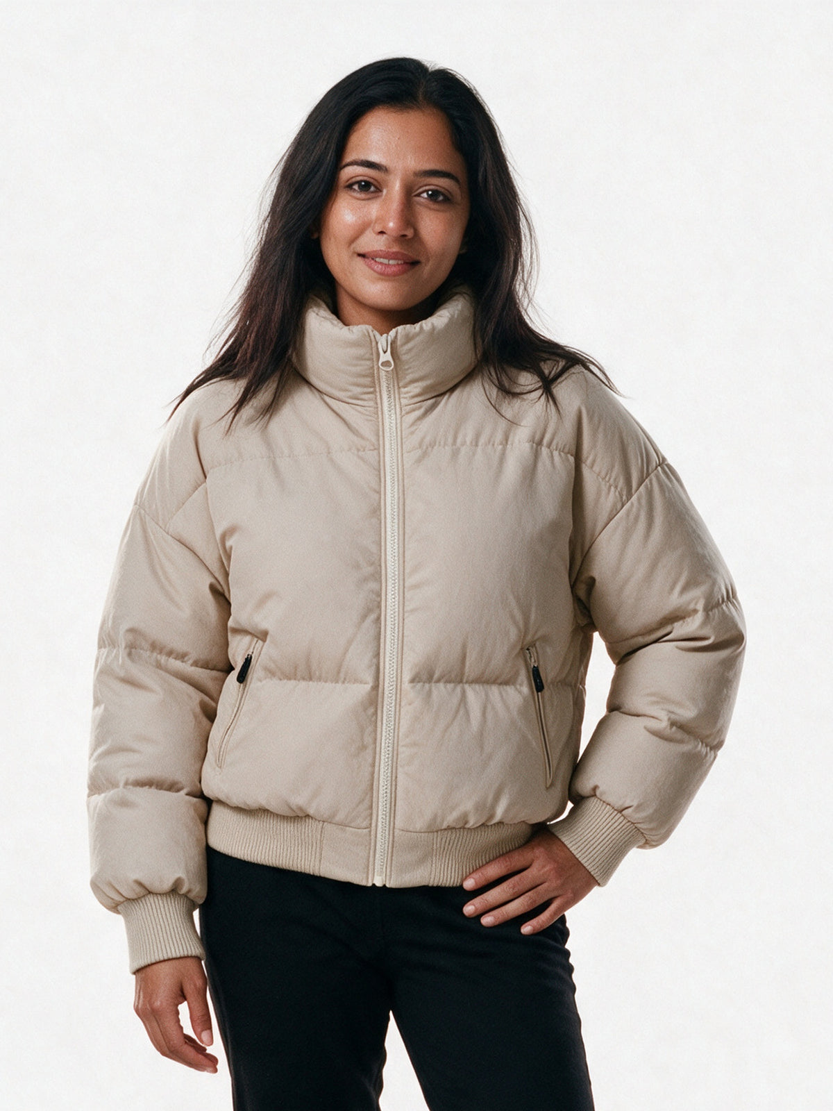 Marlene - Women's Cropped High Collar Puffer Jacket - Beige