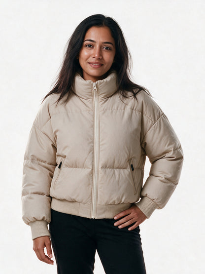 Marlene - Women's Cropped High Collar Puffer Jacket - Beige