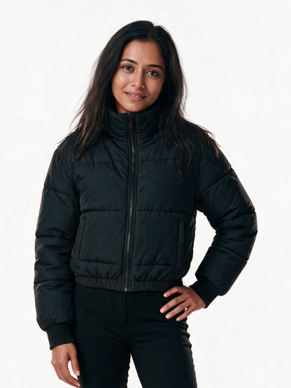 Marlene - Women's Cropped High Collar Puffer Jacket - Black