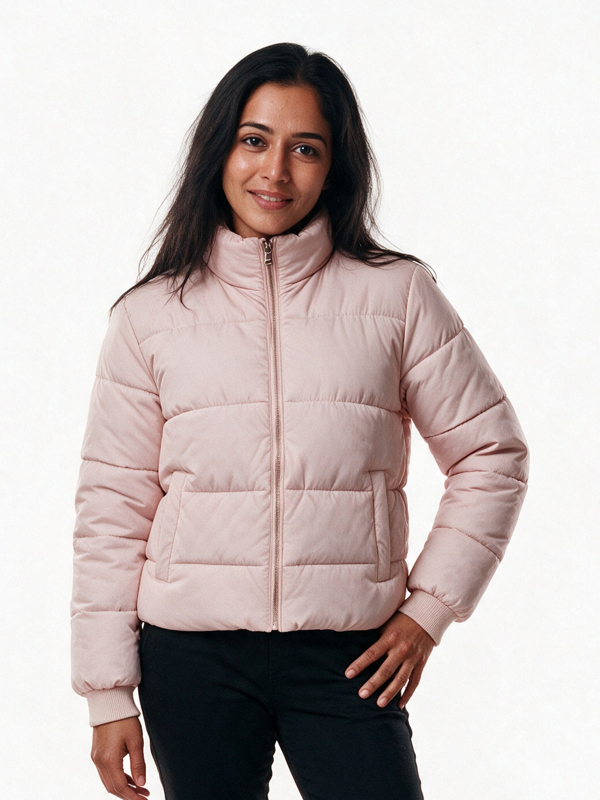 Marlene - Women's Cropped High Collar Puffer Jacket - Pink