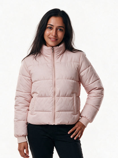 Marlene - Women's Cropped High Collar Puffer Jacket - Pink
