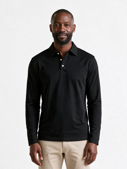 Matteo - Men's Slim Fit Long Sleeve Polo Shirt - Black
