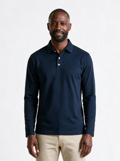 Matteo - Men's Slim Fit Long Sleeve Polo Shirt - Navy