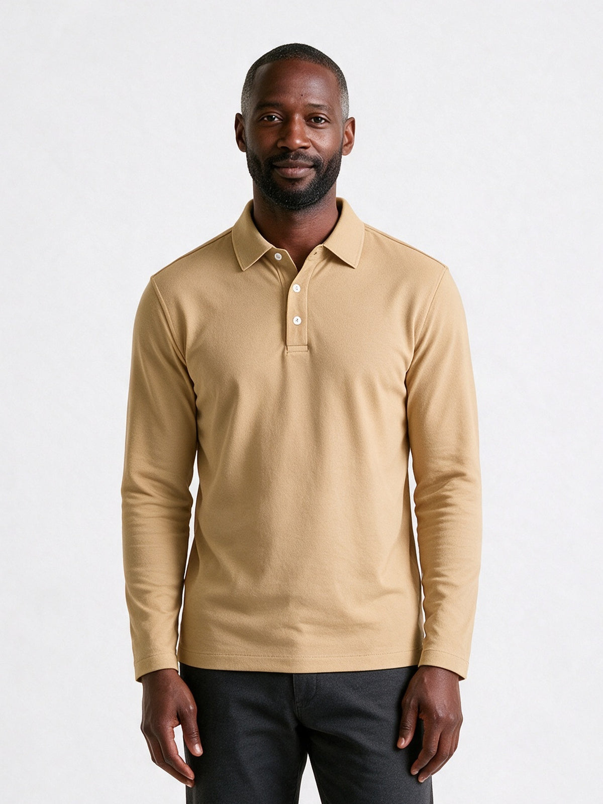 Matteo - Men's Slim Fit Long Sleeve Polo Shirt - Sand