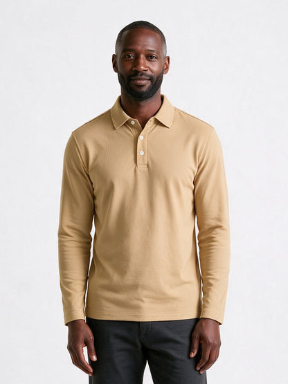 Matteo - Men's Slim Fit Long Sleeve Polo Shirt - Sand