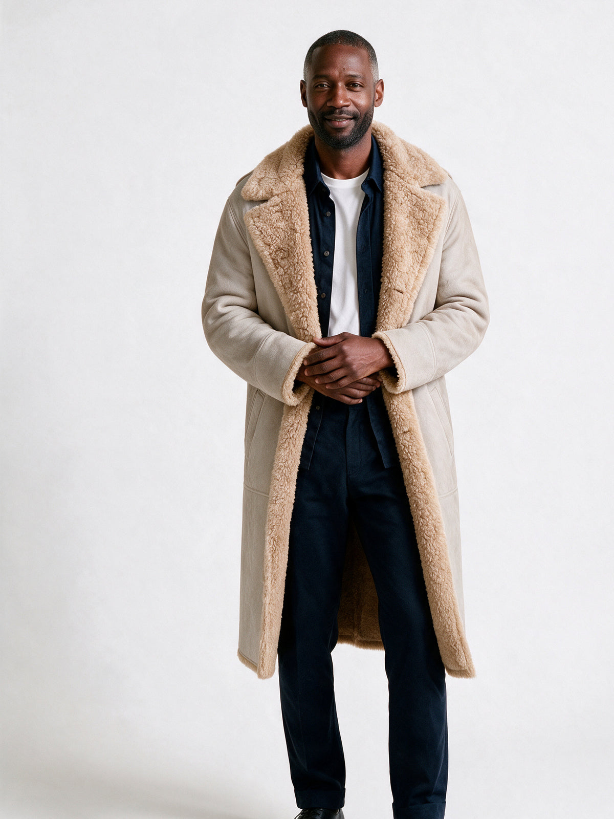 Matthew - Men's Reversible Plush Lined Longline Overcoat - Beige