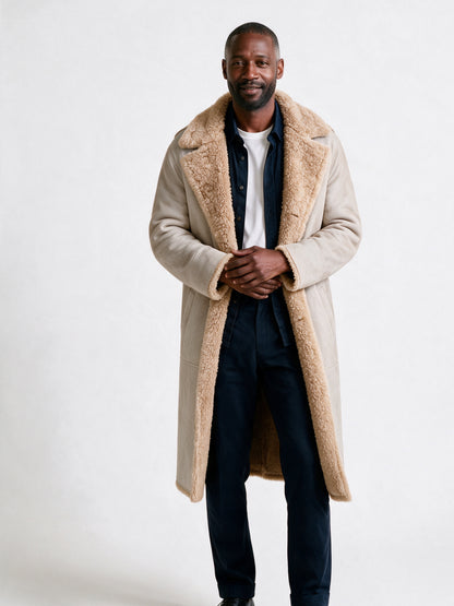 Matthew - Men's Reversible Plush Lined Longline Overcoat - Beige