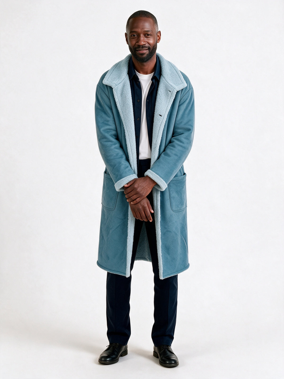 Matthew - Men's Reversible Plush Lined Longline Overcoat - Blue