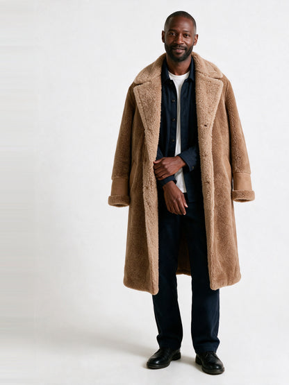 Matthew - Men's Reversible Plush Lined Longline Overcoat - Camel
