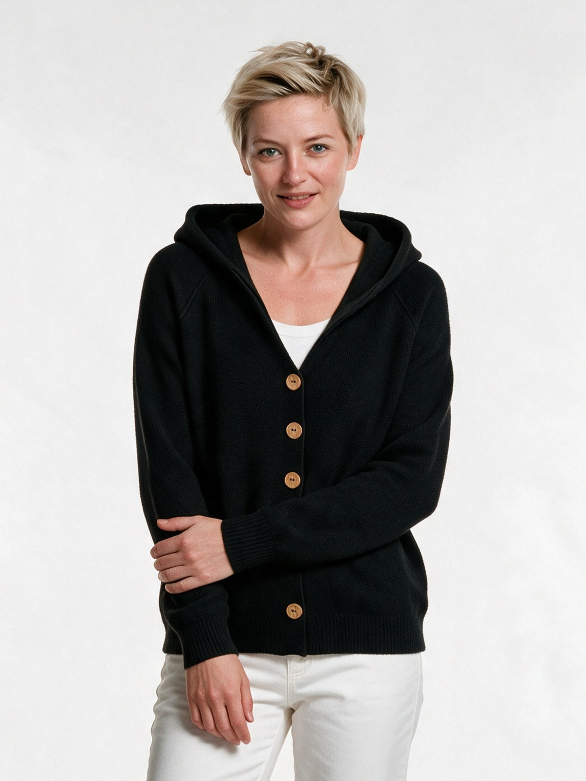 Mira - Women's Hooded Button Knit Cardigan - Black