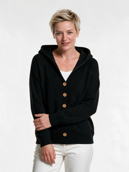 Mira - Women's Hooded Button Knit Cardigan - Black
