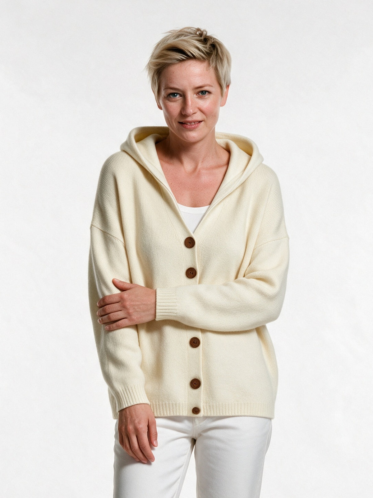 Mira - Women's Hooded Button Knit Cardigan - Cream
