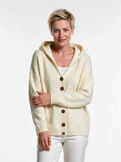 Mira - Women's Hooded Button Knit Cardigan - Cream