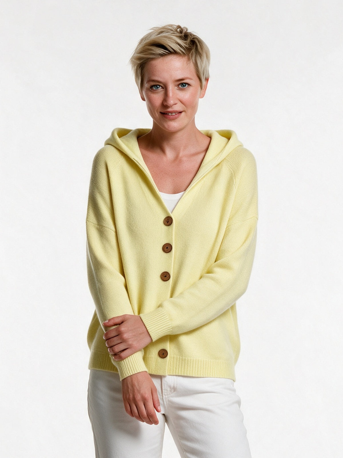 Mira - Women's Hooded Button Knit Cardigan - Lemon