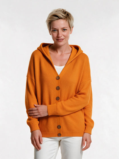 Mira - Women's Hooded Button Knit Cardigan - Orange