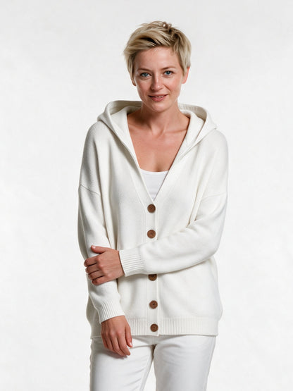 Mira - Women's Hooded Button Knit Cardigan - White