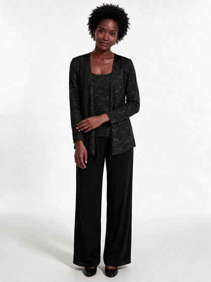 Miriam - Women's Sequin Jacket Three Piece Wide Leg Trouser Suit - Black