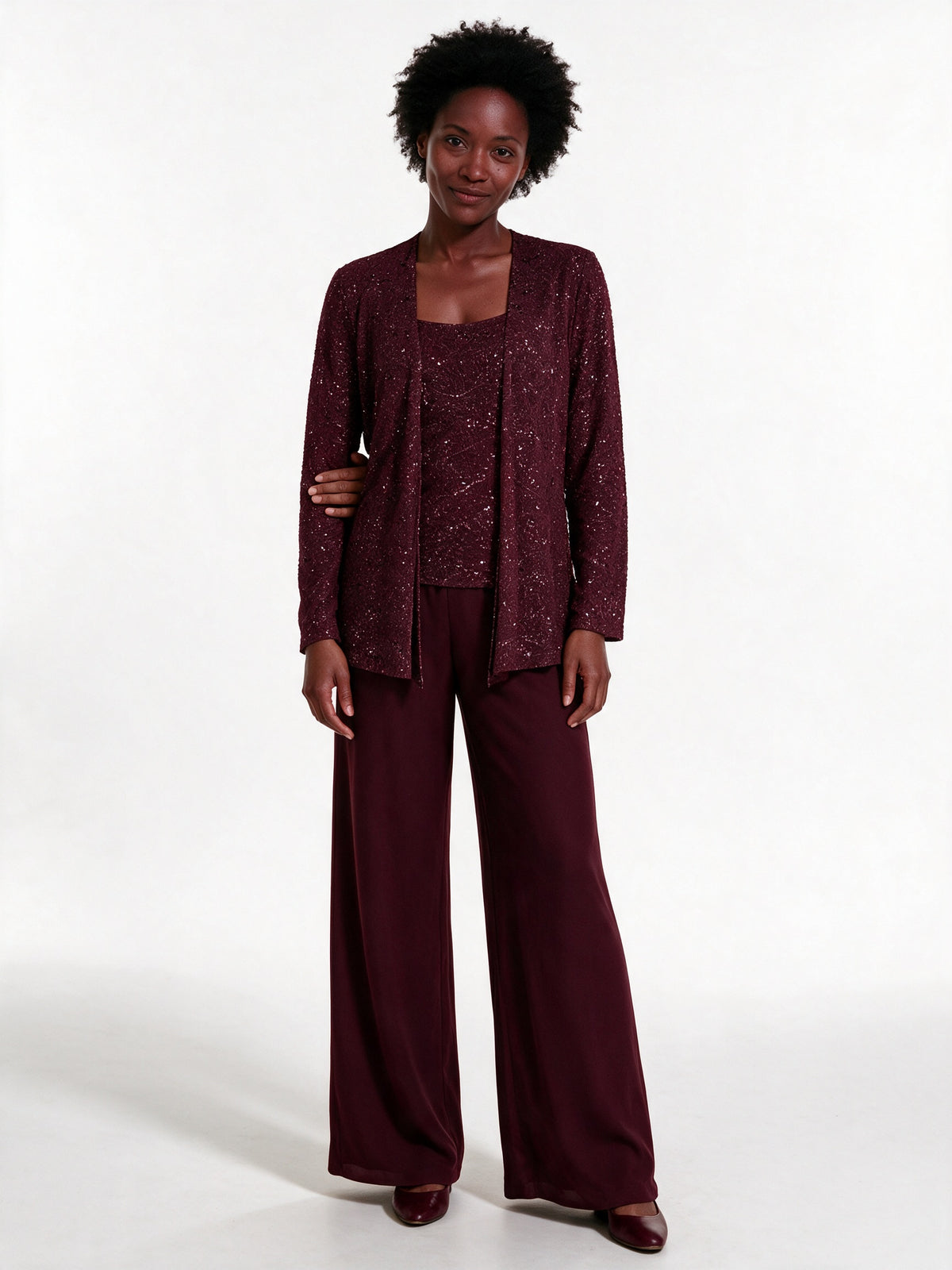 Miriam - Women's Sequin Jacket Three Piece Wide Leg Trouser Suit - Burgundy