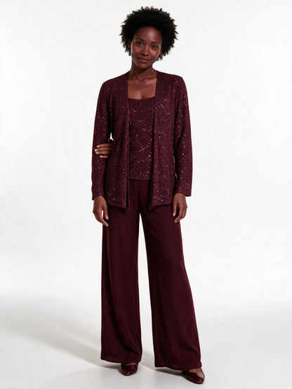 Miriam - Women's Sequin Jacket Three Piece Wide Leg Trouser Suit - Burgundy